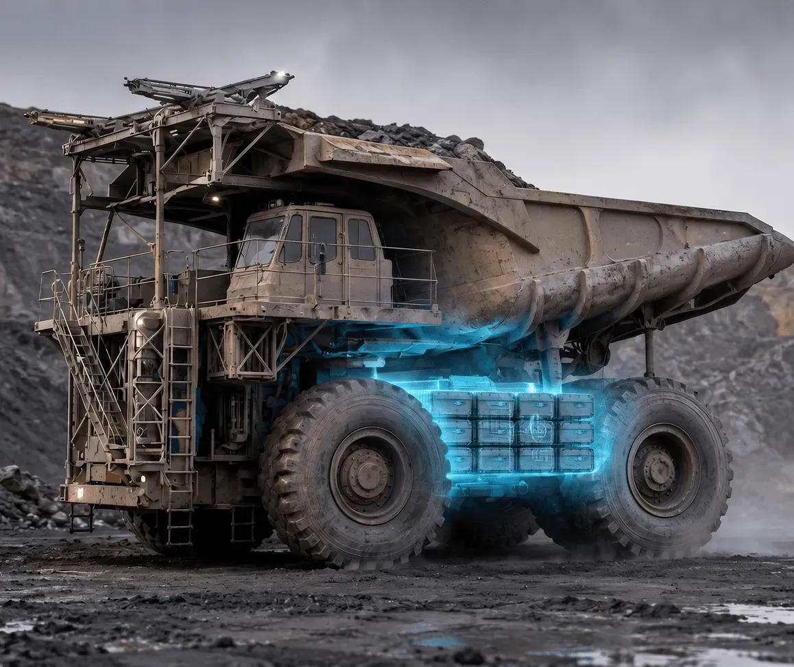 Loaded mining haul truck in a pit, with Magnus battery packs highlighted between its wheels