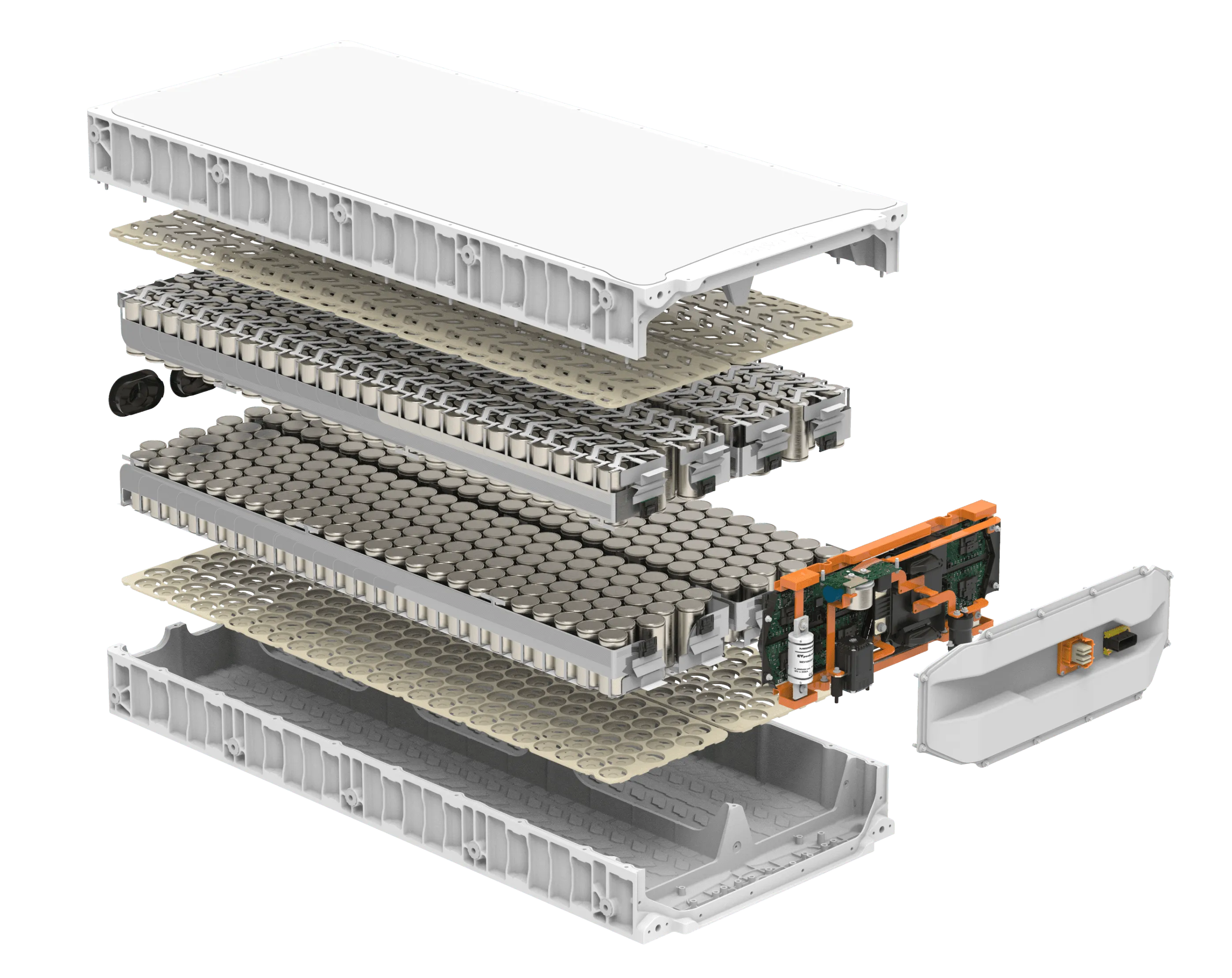 Exploded view of the Magnus battery pack: housing, two layers of cylindrical cells and the control electronics
