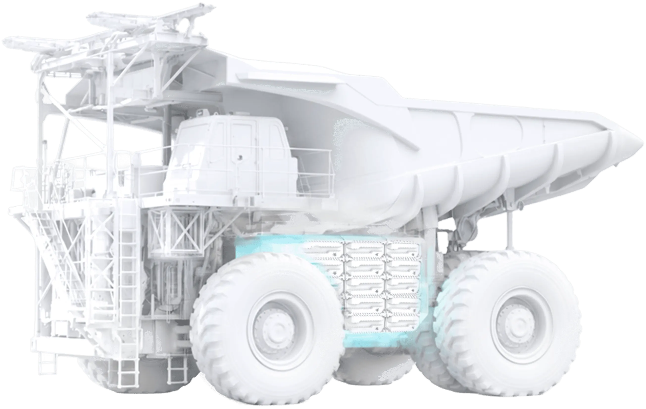 Haul truck render with Magnus battery packs between the axles