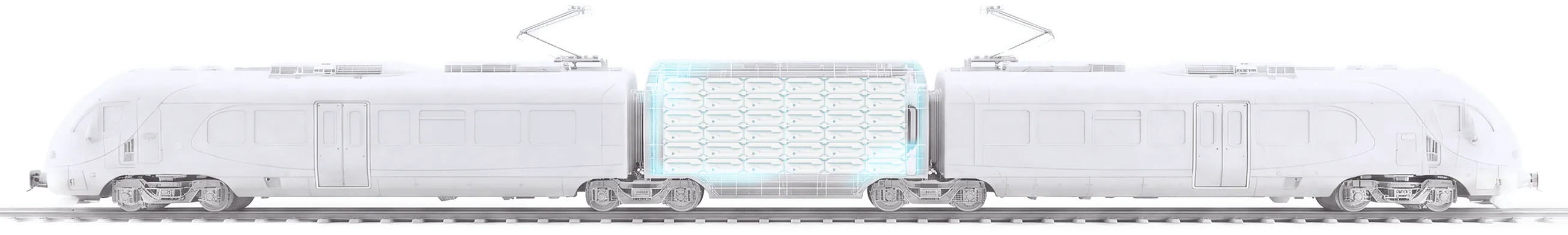 Two-car passenger train render with Magnus battery packs in a short car between the coaches